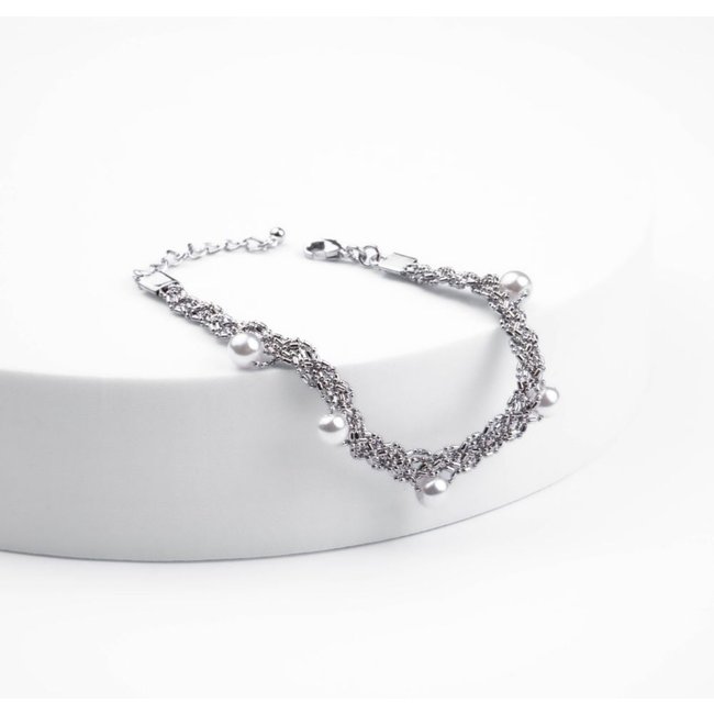 Infantil - Pulseira Malha Rendada com Pérolas Semijoia Banhado a Ródio Ania Store