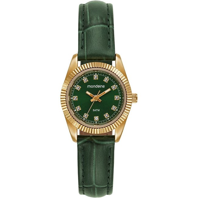Relógio Feminino Caixa Pequena Couro Dourado e Verde Mondaine