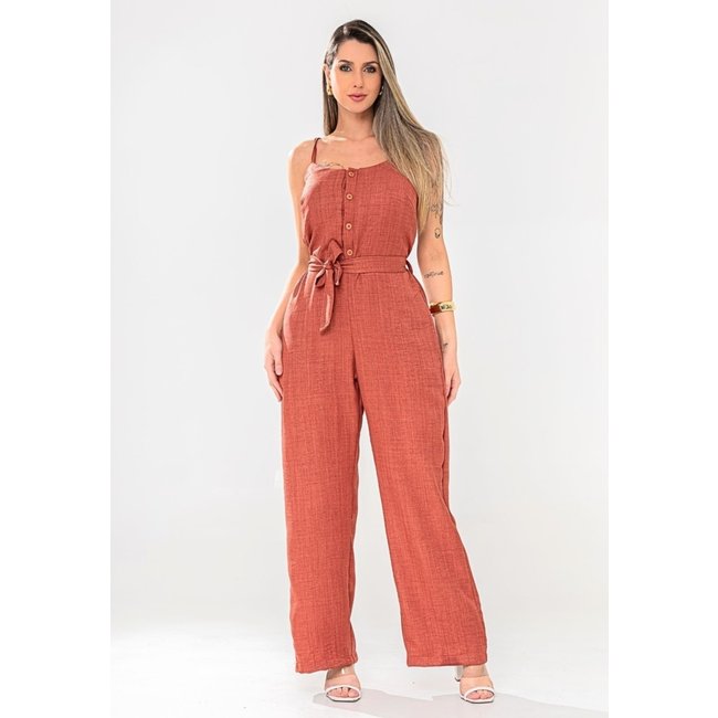 Macacão Feminino Pantalona Alfaitaria Botoes Frontal De Alcinha Com Ajuste na Cintura Amaraçao Duna Linho