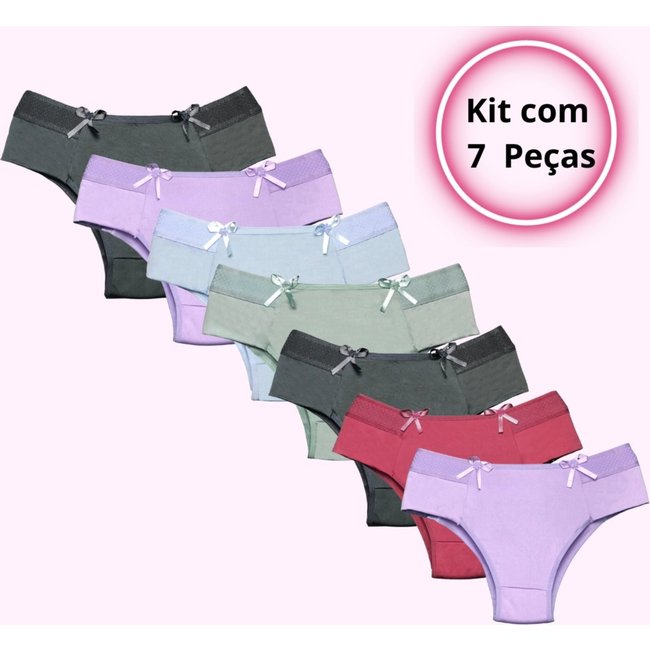 KIT 7 Calcinhas Femininas Tanga Cintura Alta Pala Lateral Dupla Conforto Lingerie