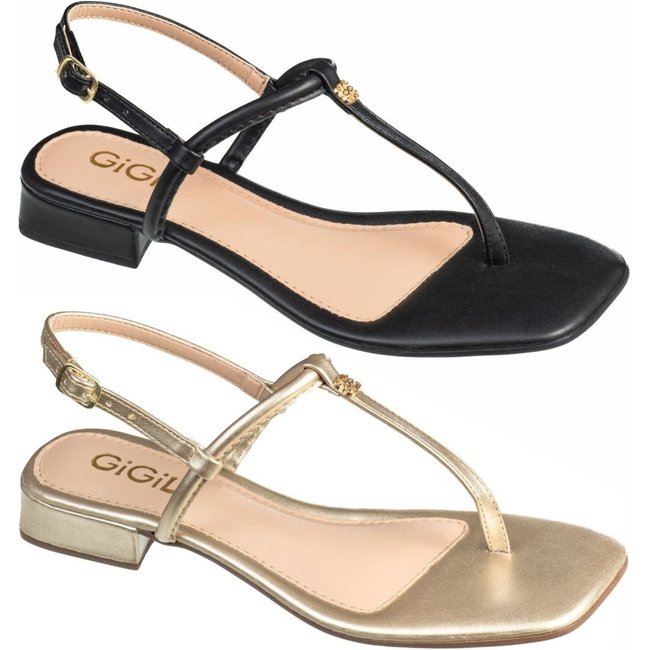 Kit 2 Pares Sandália Feminina GiGiL Rasteira De Dedo Salto Baixo Confortável Detalhe Metalizado Dourado/Preto