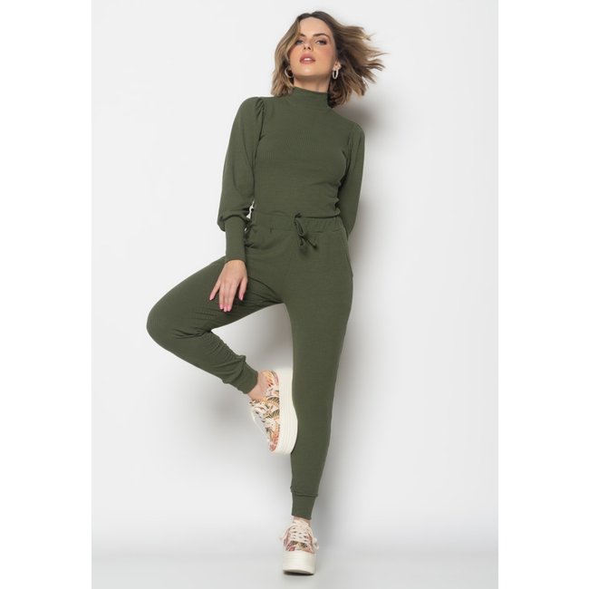 Conjunto Comfy Com Blusa Princesa Manga Longa e Jogger Canelado Salvatore Fashion Verde Musgo
