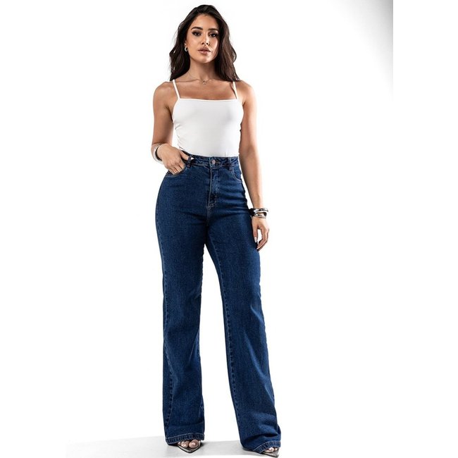 Calça Jeans Wide Leg Feminina Cintura Alta Básica com Elastano 28000 Escura Consciência