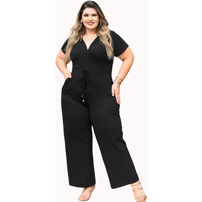 Macacão Plus Size Longo Com Manga Decote Transpassado Juquitiba Brasil Preto