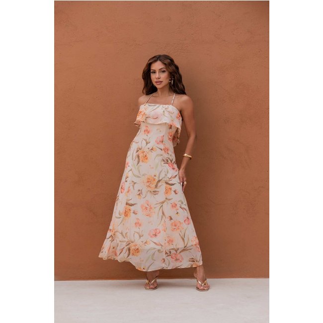 Vestido Midi Floral Feminino com Babado e Alças Lemier Collection