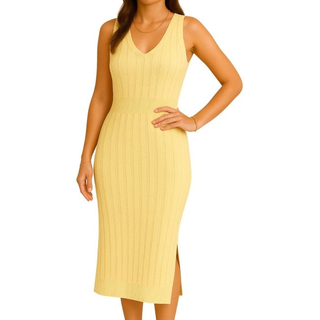 Vestido FMF Tricô Feminino Preto com Detalhe de Tranças e Abertura Lateral Premium Amarelo