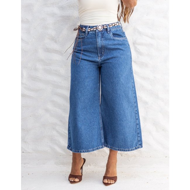 Calça Feminina Jeans Pantacourt Pantalona Cintura Alta Bolso