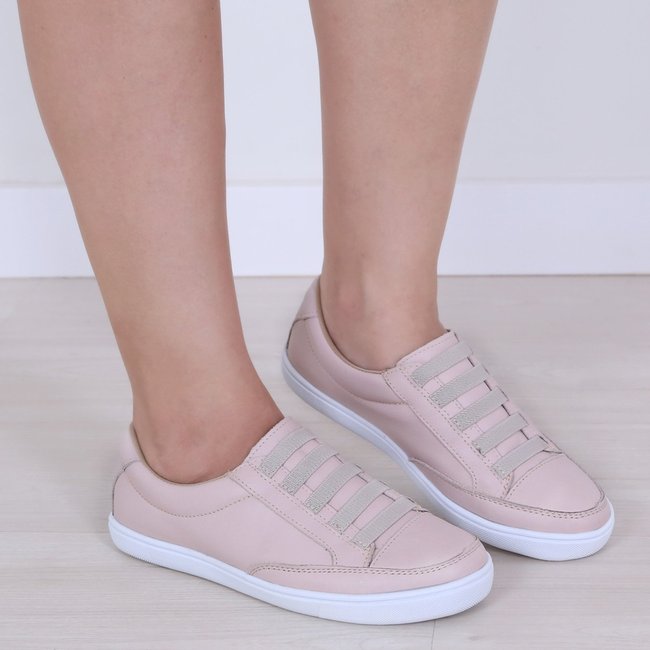 Tênis Feminino em Couro Legítimo Nude Rosê Elástico