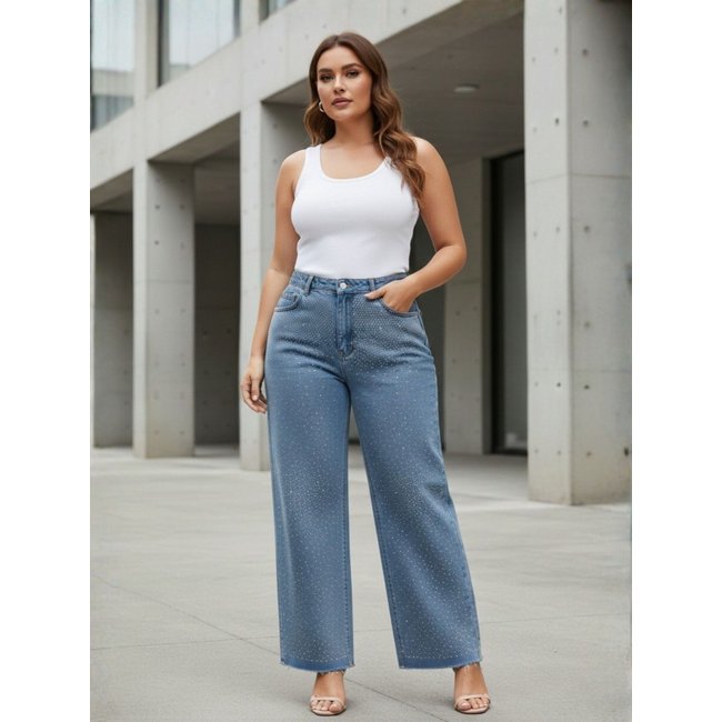 Calça Jeans Feminina Plus Size Reta Brilhos Cintura Alta Bolsos Azul Claro Barra a Fio