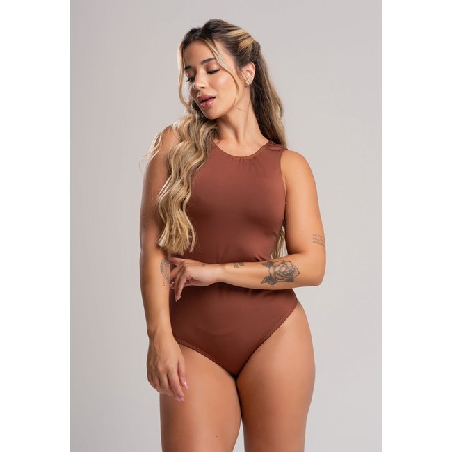 Body MVB Modas Camiseta Collant Cavado Suplex Estampado Marrom