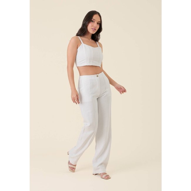 Calça Reta Pop Me Em Alfaiataria Com Bolso-Faca E Nervura Off- White