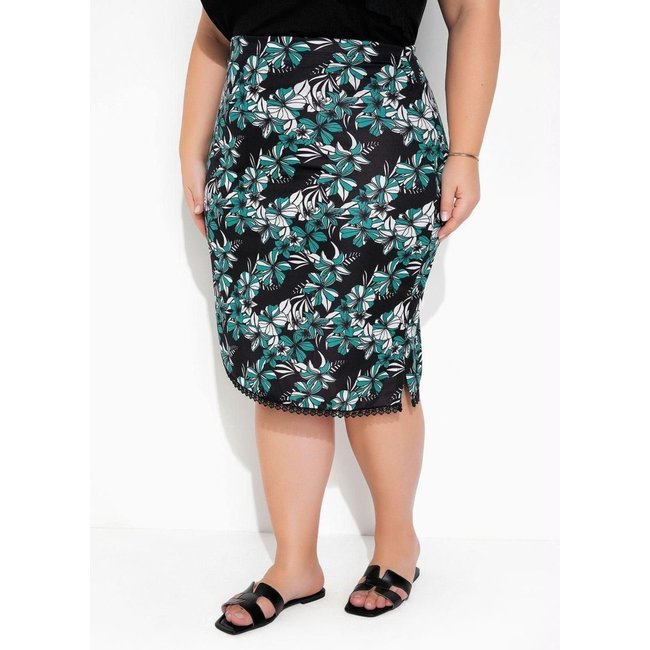 Saia Assimétrica Com Fenda Plus Size Floral Marguerite