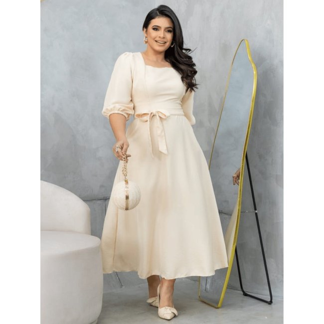Vestido Midi Soltinho Manga 3/4 Elegante Social Moda Evangélica Creme