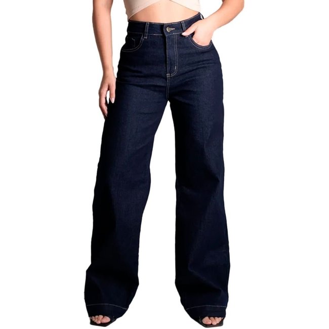 Calça Jeans Feminina Sawary Wide Leg Preto