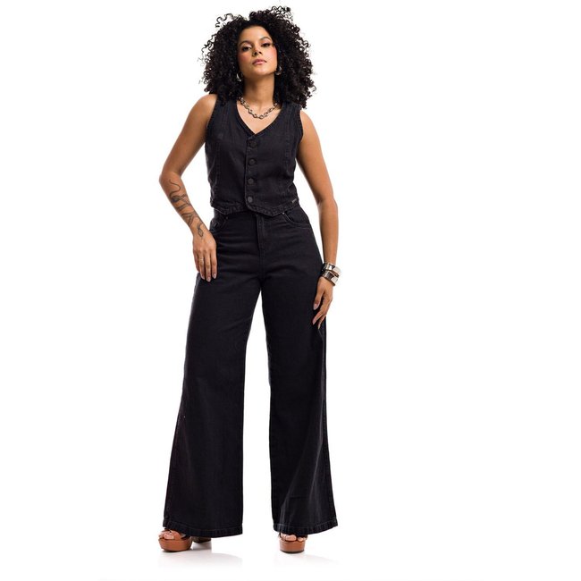 Conjunto Restrito Jeans Colete E Calça Pantalona Estonado Premium - Preto
