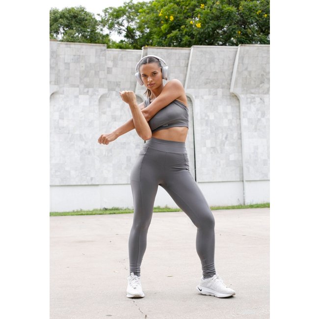 Calça Legging Esportiva Pop Me Em Poliamida Com Bolso Cinza