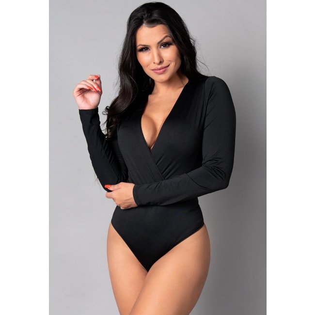 Body MVB Modas Manga Longa Transpassado Collant Decote Preto