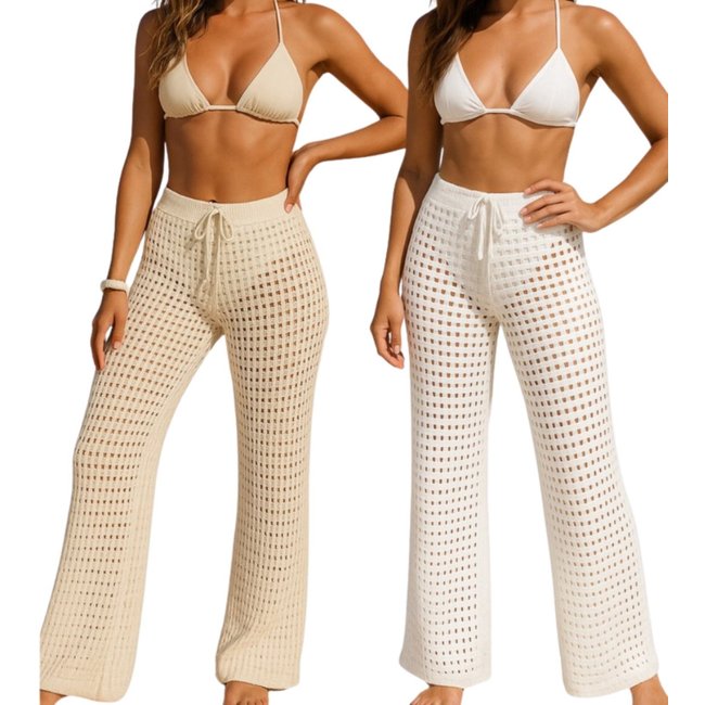 Kit 2 Calça Tricot Reflexo Íntimo Saída De Praia Pantalona Crochê Verão Branco e Off White