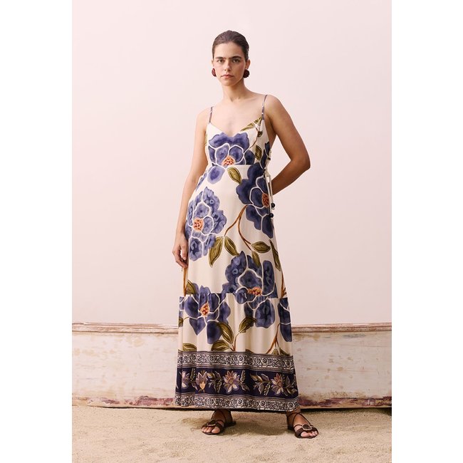 Vestido Midi Busto Amarrações Estampado Papoula