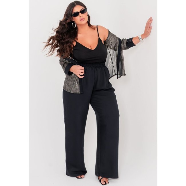 Conjunto Plus Size com Camisa Brilho e Calça Pantalona Preto