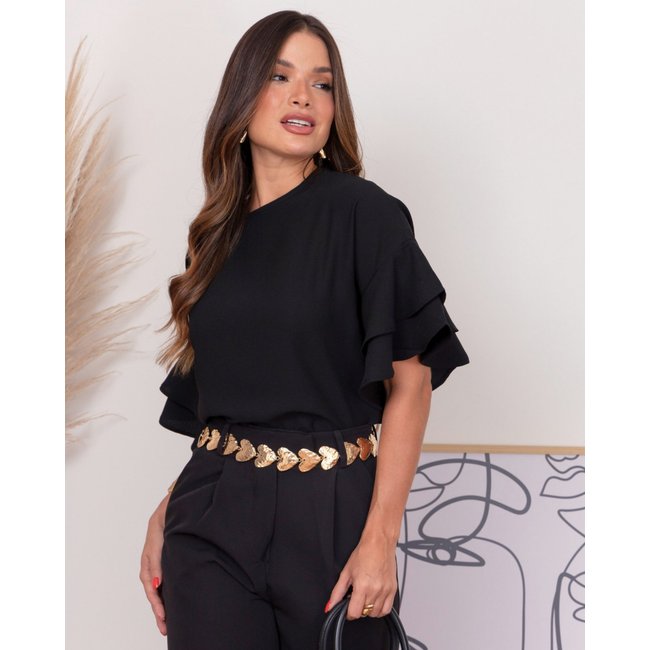 Blusa MOS Feminina de Crepe com Manga Dupla em Babados Preto – Mariana Olympio