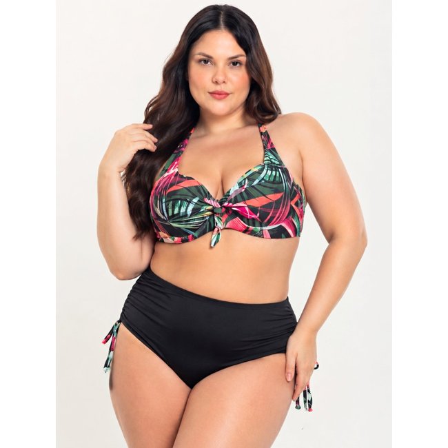Biquíni Plus Size Orla da Praia Estampado Com Bojo Meia Taça Busto Estampado E Calcinha Drapeada Floral Vermelho