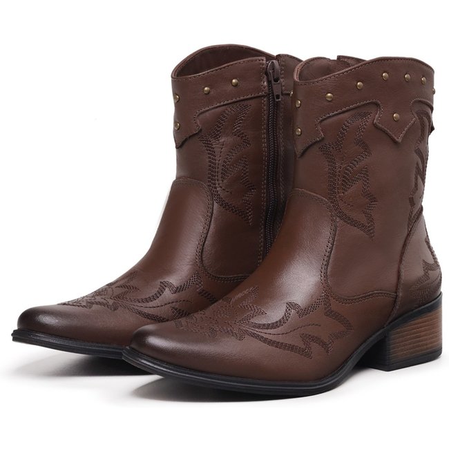 Bota Country Feminina Luxo Cano Médio De Couro Salto Baixo Mod.11002 Marrom