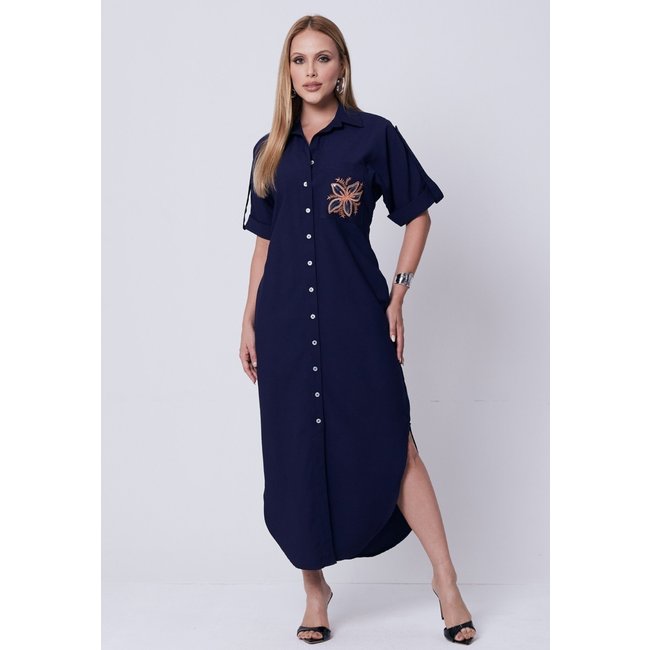 Chemise Mamorena Longuete em Liocel de Manga Curta com Martingale e Bolso Bordado
