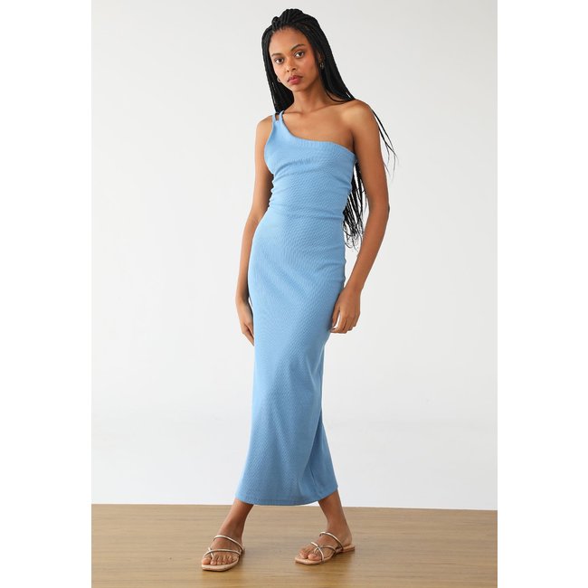 Vestido Feminino Midi FARM Um Ombro Só Azul Claro