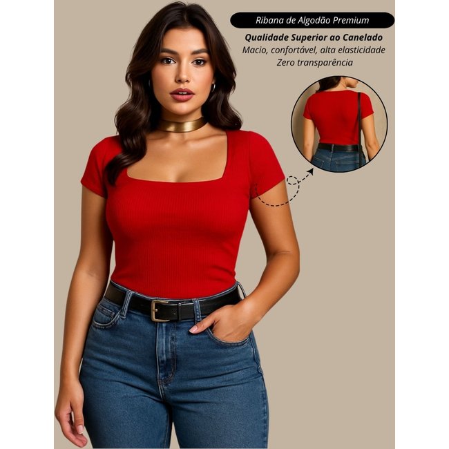 Blusa Feminina Vermelho Decotada Casual Basica Tendencia Ribana Algodao Premium
