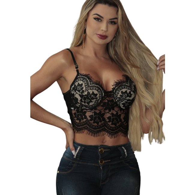 Top Cropped Sutiã Renda Rendado Alcinha Lingerie Sem Bojo Summer Body Moda Verão Preto