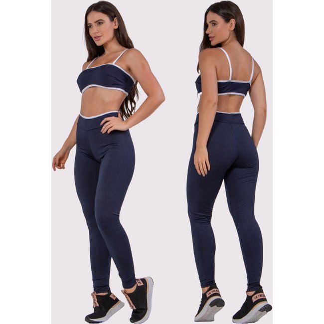 Conjunto Academia Bicolor Calça E Top Fitness RLC Modas Marinho 90% poliéster + 10% elastano sem bojo com forro flexível e secagem rápida