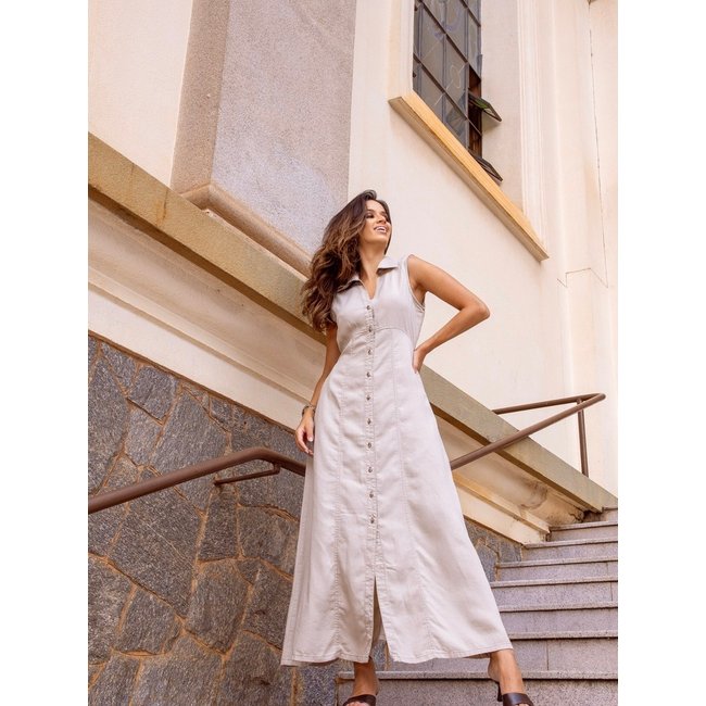 Vestido Longo Novah Store Chemise Liocel Bege