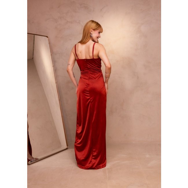 Vestido Longo de Festa Frente única Cetim Fenda Layannni Terracota