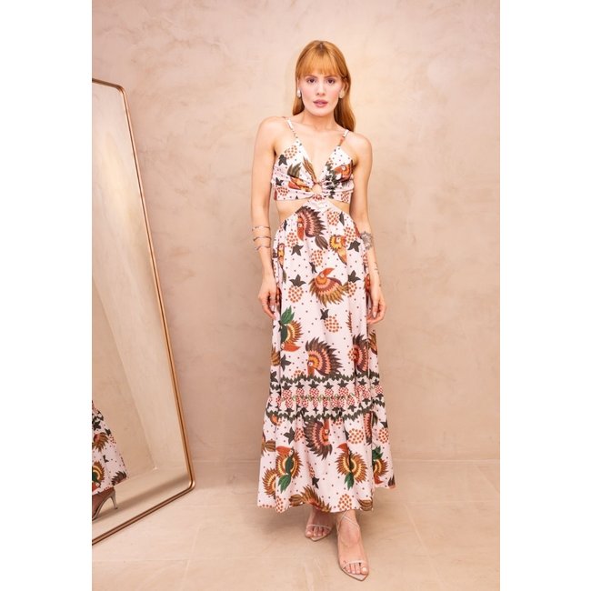 Vestido Midi Longuette Frente Única Abertura Lateral Estampado Tropically Branco com Marrom