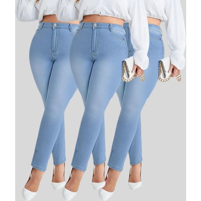 Kit 3 Calça Jeans Feminina Tex Jeans Plus Size Skinny com Elastano Cintura Alta Azul Claro