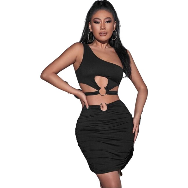 Conjunto Summer Body moda gringa cropped decote mula manca saia argolas Preto