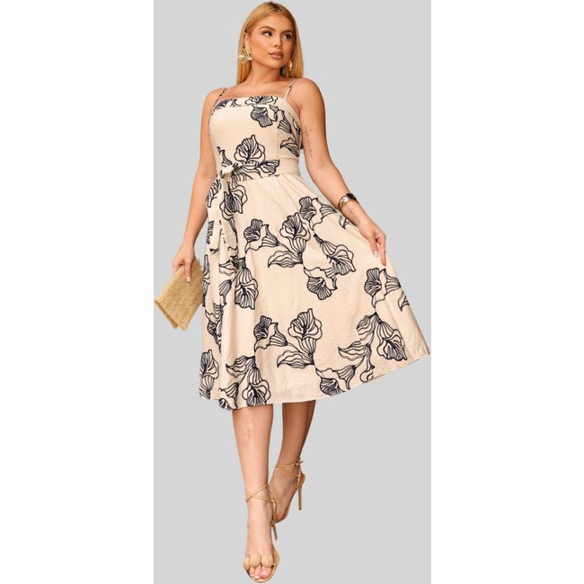 Vestido Miss e Misses Riana Estampado C/Detalhe Elastico nas Costas Bege