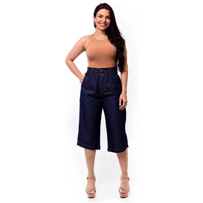 Bermuda Calça Pantacourt Restrito Jeans Cós Elástico - AZUL