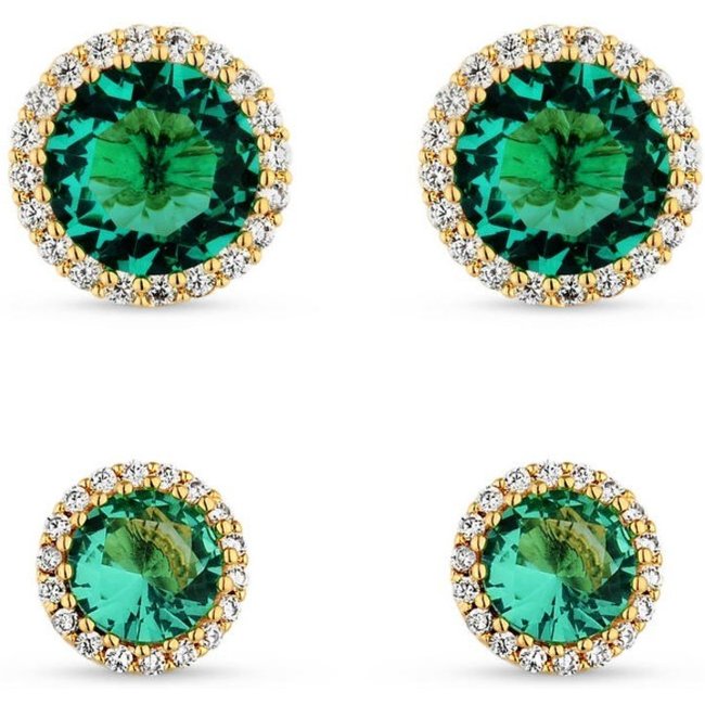 Dupla De Brincos Semijoia Pedra Verde Com Zircônias Banhadas A Ouro 18K Br091-001 Dourado