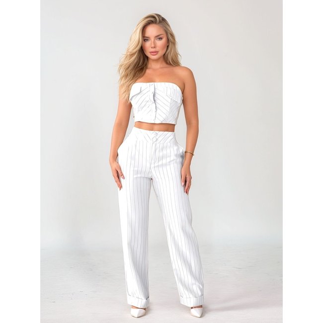 Conjunto Listrado Divina Gata Cropped Calça Branco