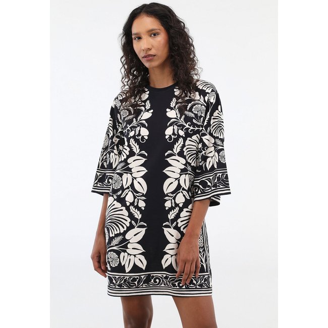 Vestido Feminino Farm Estampa Floral Manga Ampla Preto