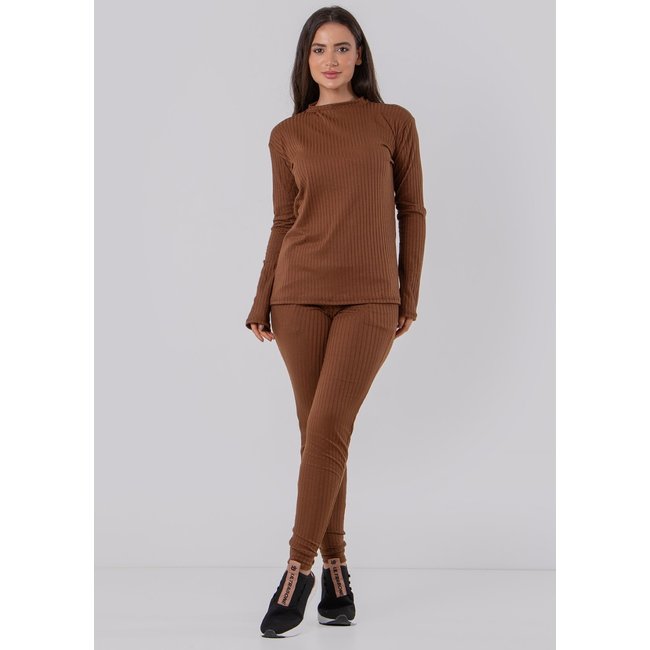 Conjunto Canelado 4 Estações Manga Longa Blusa Canelada Calça Jogger Cintura Alta Liso Marrom