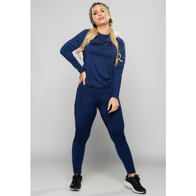 Conjunto MVB Modas Ribana Canelada Calça Jogger Cintura Alta e Blusa Gola Alta Azul