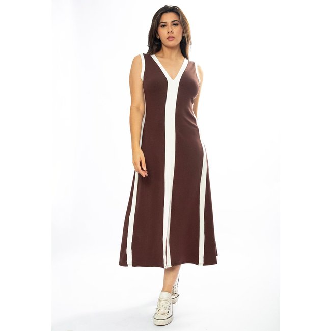 Vestido Midi Amazônia Vital Fenda Frontal Color Block Marrom