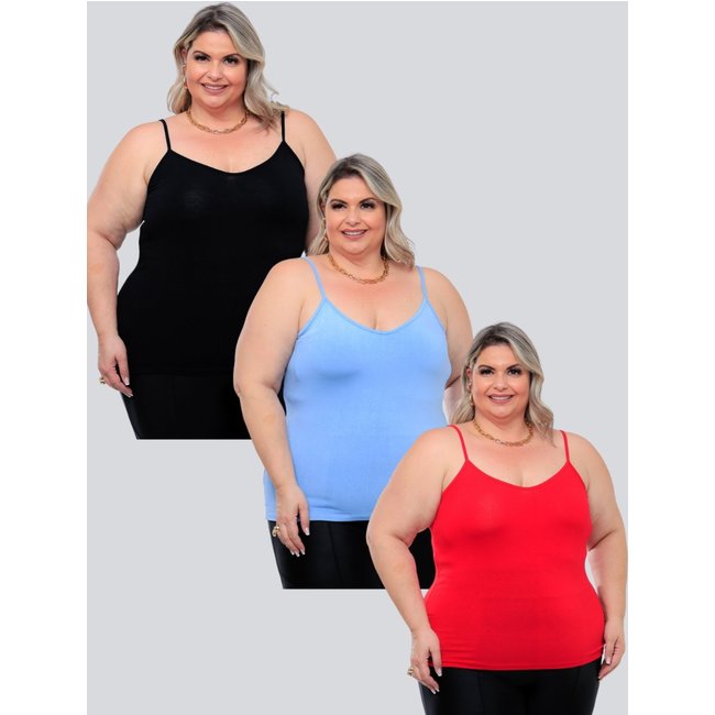 Kit 3 Peças Regata Plus Size Feminina Básica Viscolycra Alcinha Fina Leve estilo Casual GARAIS MODA moda Verão Preto Azul Vermelho
