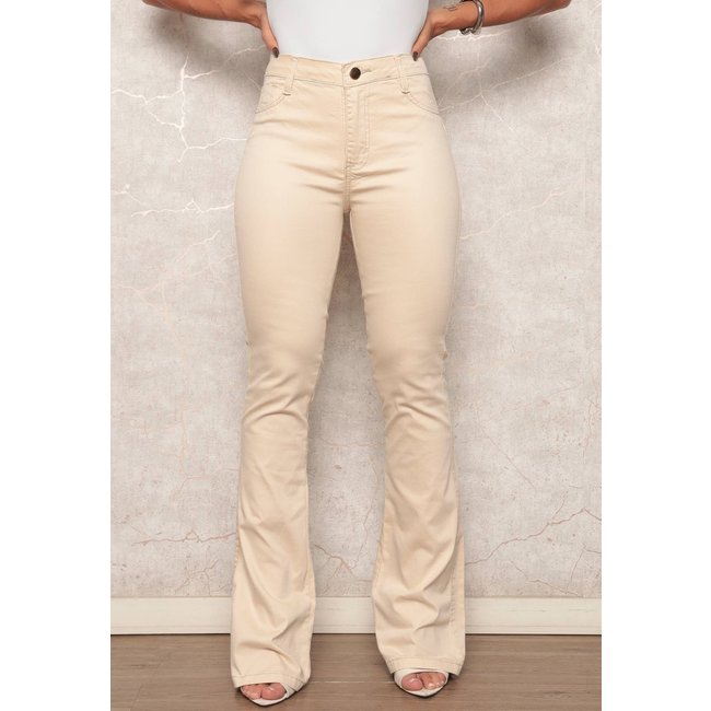 Calça Flare Tex Jeans Bootcut Sarja Acetinada com Elastano Bege
