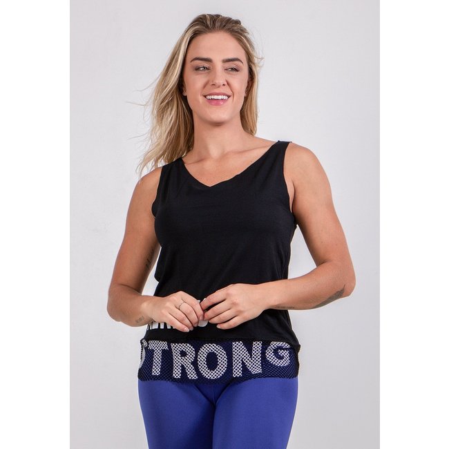Regata 4 Estações Furadinha Academia Strong Fitness Liso Feminino Preto