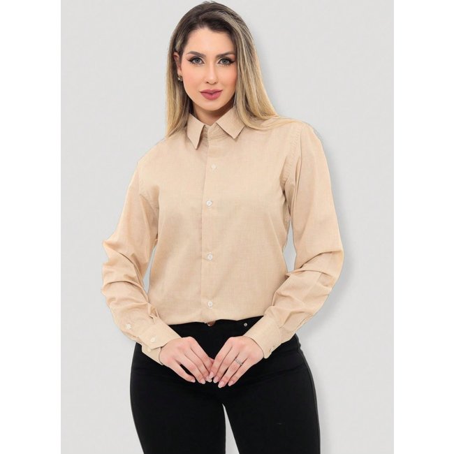 Camisa Social Feminina Premium Tipo Linho Bege Manga Longa
