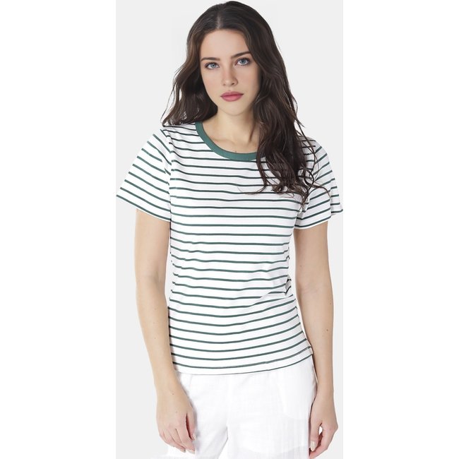 Blusa Feminina Listrada Verde Retrô em Malha de Algodão